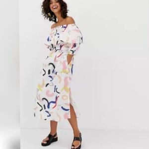 LF Markey Otto Off Shoulder Midi Dress US 4 White Printed